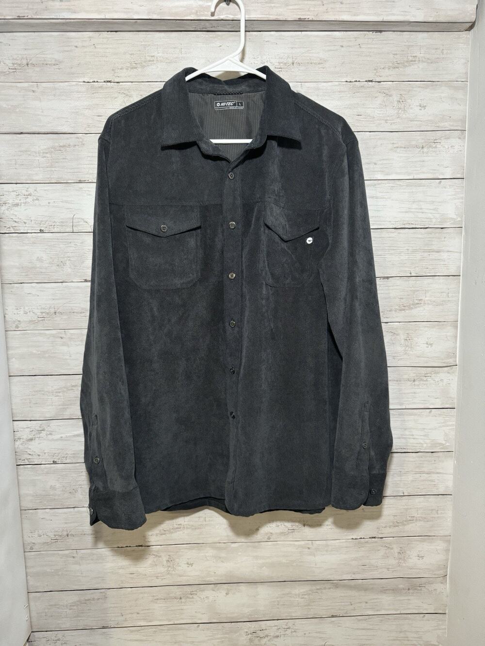 Hi-Tec Mens Large Gray Textured Stretch Button Up Shirt Long Sleeve Casual